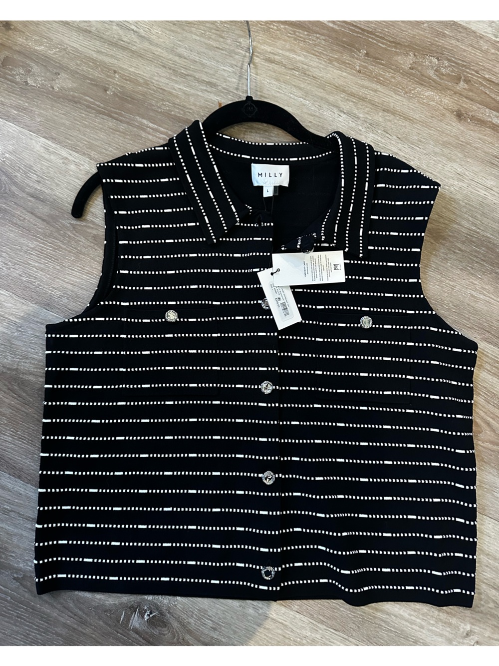 Milly Black Sleeveless Button-Front Knit Top with White Dotted Stripes - NWT - Picture 5 of 9